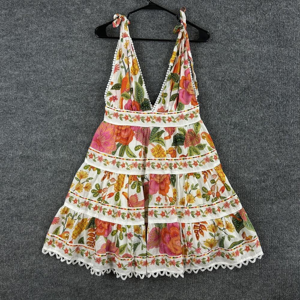 Farm Rio Dress Small Macaw Bloom Tiered Mini Sundress Crochet Boho Tropical - Picture 6 of 16